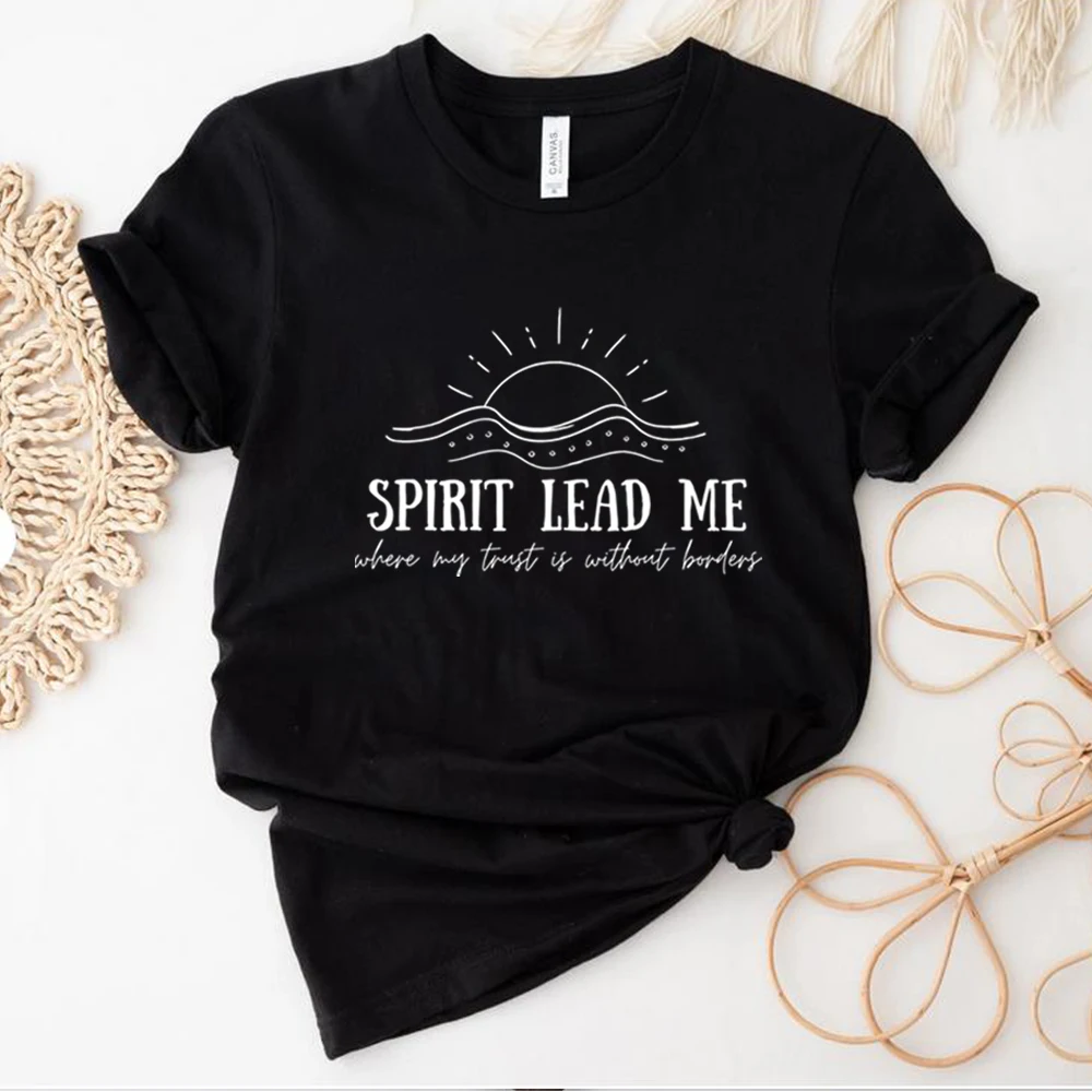 Christian T Shirt Faith T-Shirts Jesus Retro Shirt Boho Minimalist Inspirational Quotes Saying Spirit Lead Me Sun Waves Tees