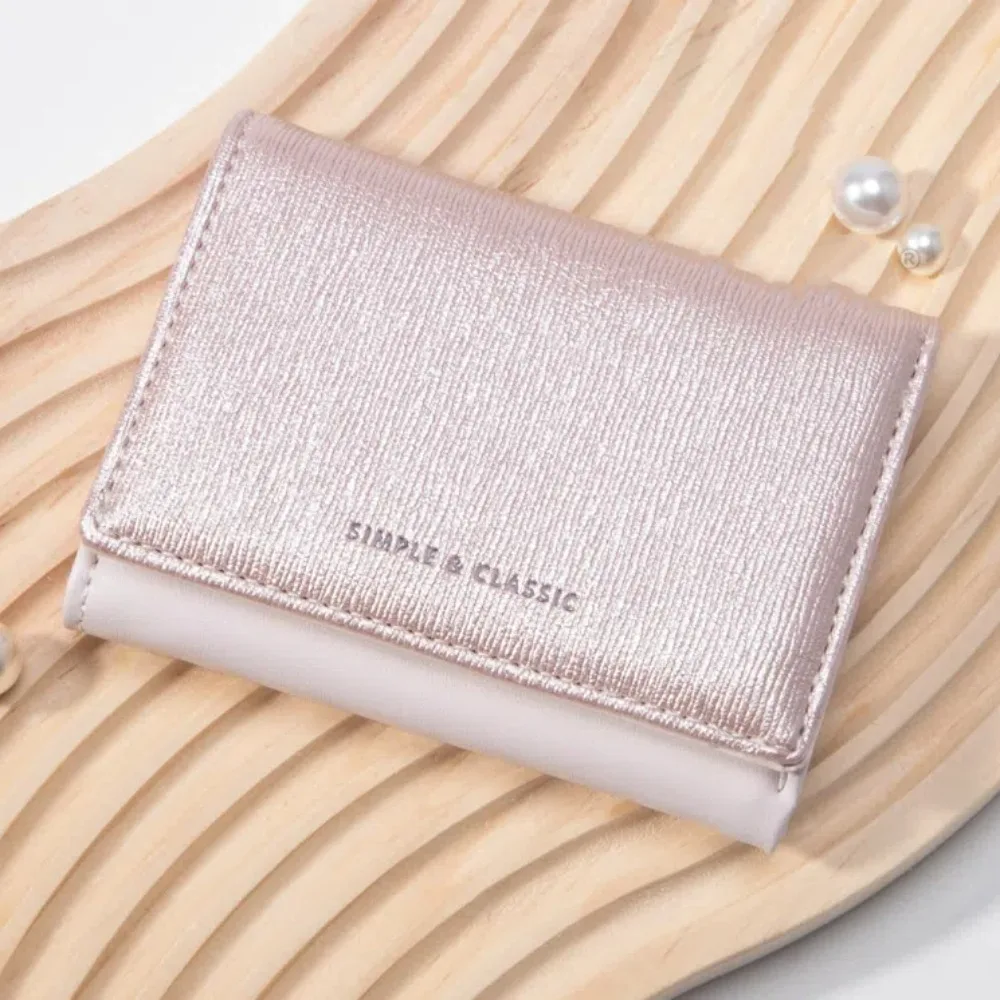 Fashion Shiny Trifold Walle Pearlescent Causal Card Bag Solid Color Card Pocket Folding Wallet Ladies