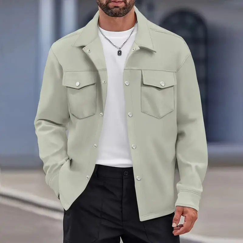 New Shacket Men Button Down Jacket Casual Turn Down Collar Outerwear with Pockets for Autumn Winter