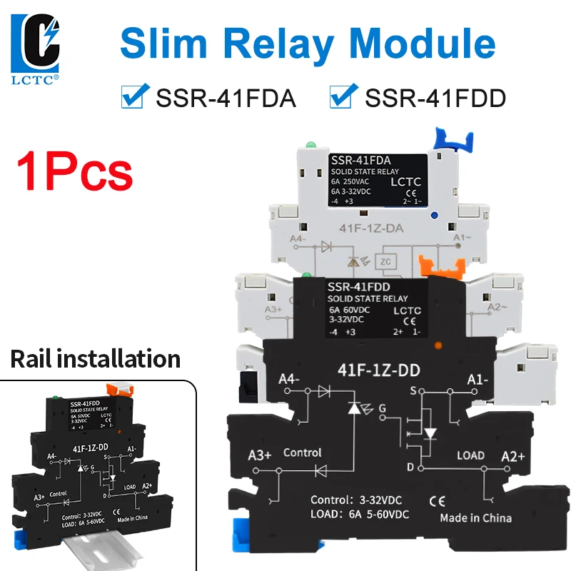 1PCS DIN Rail Mounted Slim Relay SSR Solid State Relay DC Control AC DC Control DC SSR-41FDA/DD 6A 3-32VDC 24-250VAC