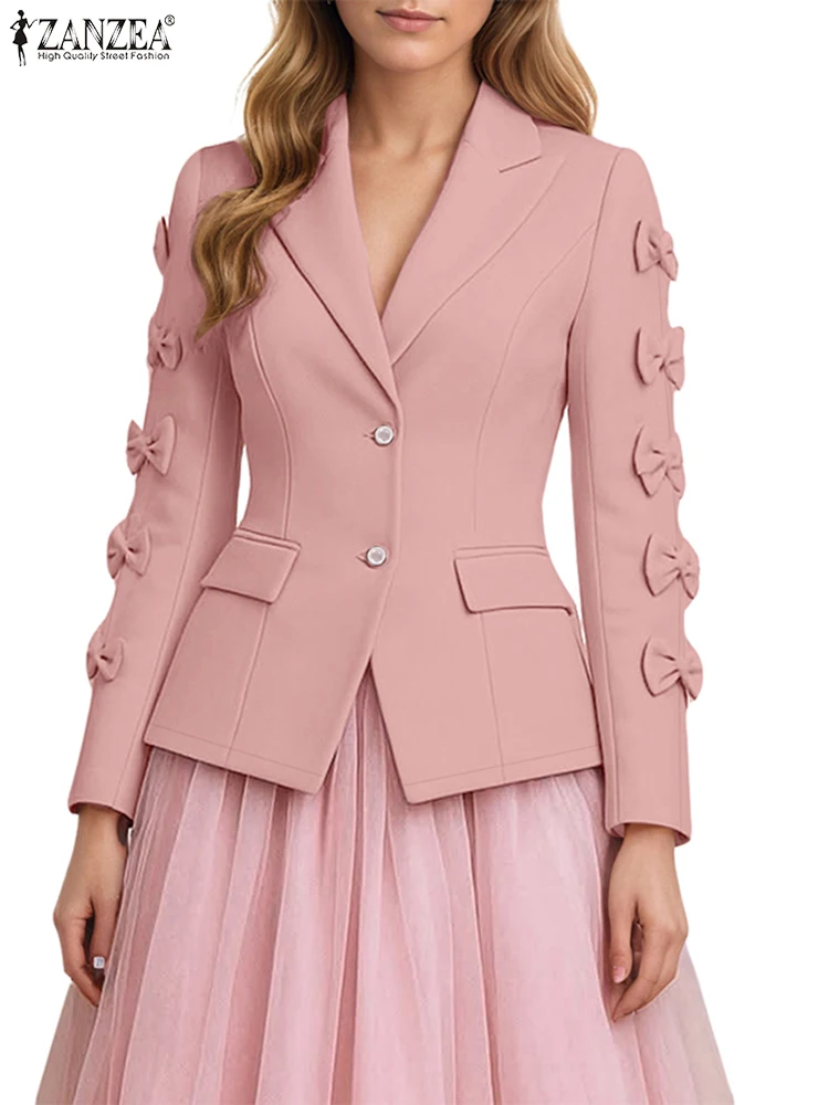 Blazer da ufficio moda donna risvolto collo abiti autunnali cardigan 2025 ZANZEA moda solido manica lunga casual allentato cappotto con fiocco sottile