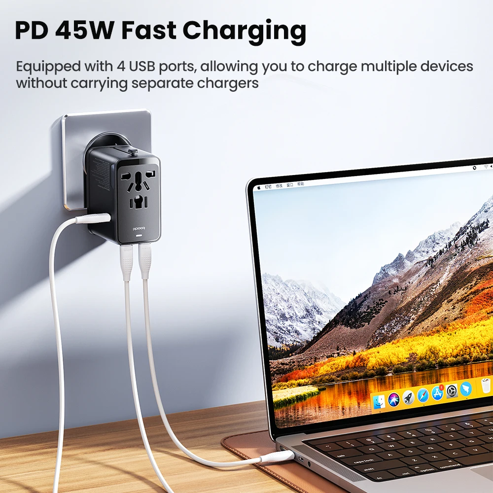 Toocki 45W GaN Universal Travel Adapter With 3C1A 2500W All-in-one PD Fast Charger For iPhone Samsung Xiaomi EU/UK/USA/AUS Plug