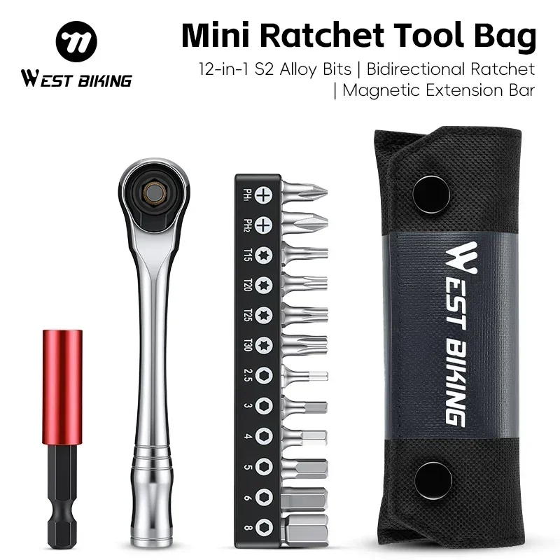WEST BIKING Ratchet Wrench Tool Set Alloy Steel 12pcs Bits 2.5/3/4/5/6/8 mm Hex T15 T20 T25 T30 PH1 PH2 Portable Bicycle Wrench
