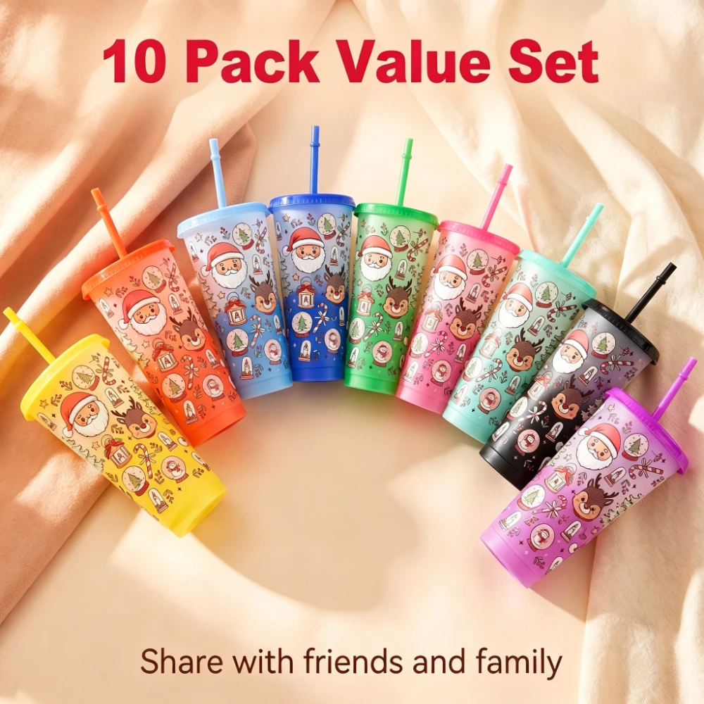 10PCS 24OZ/710ml Christmas Color Changing Cups with Lids & Straws Reusable Bulk Tumblers for Birthday Party Supplies Gifts