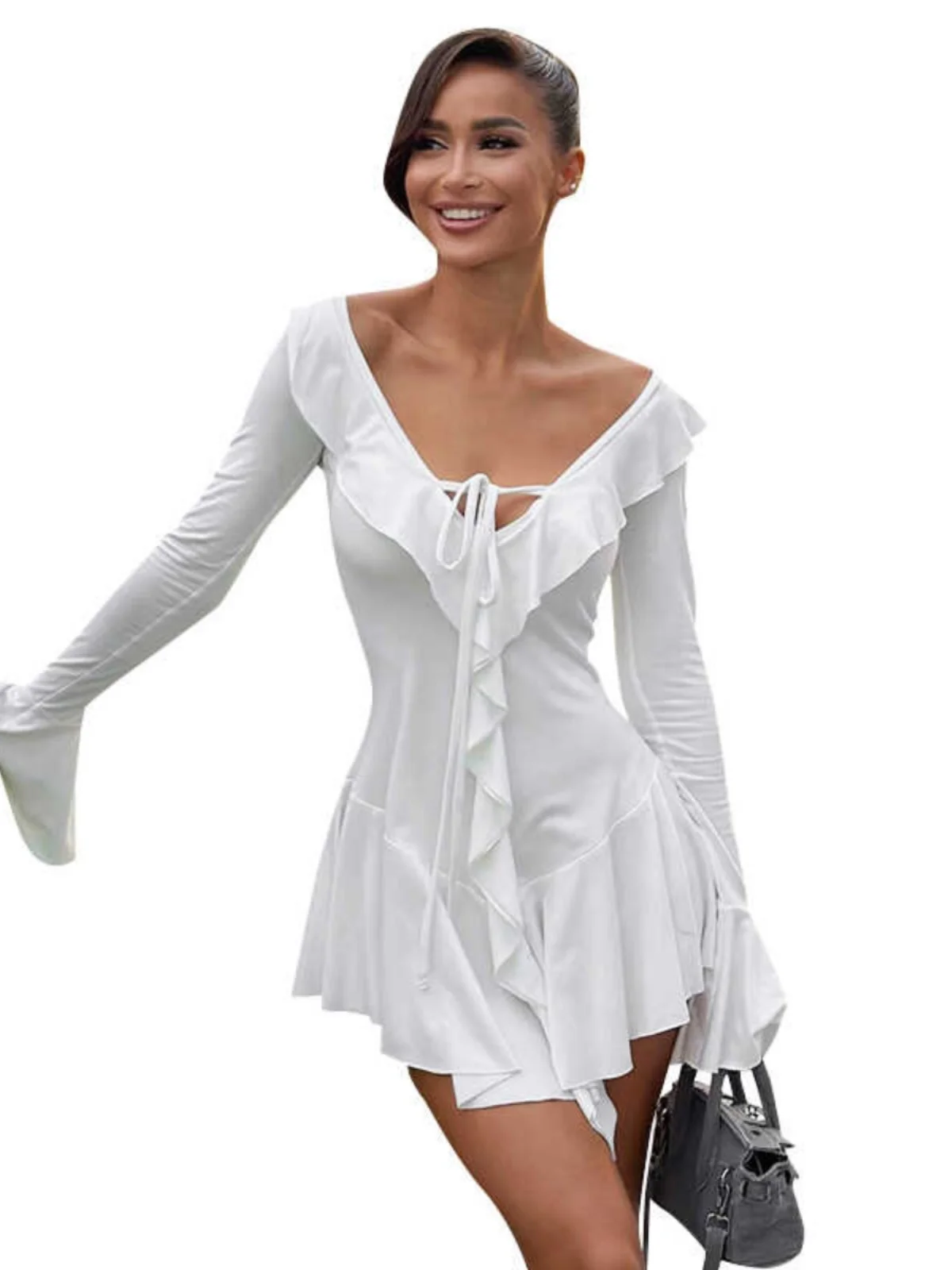 Fall 2024 Long Sve Dr Women's Faion High Waist A-Line Skirt with Pleated  arp Collar Rope Tied Bell Sve Dr