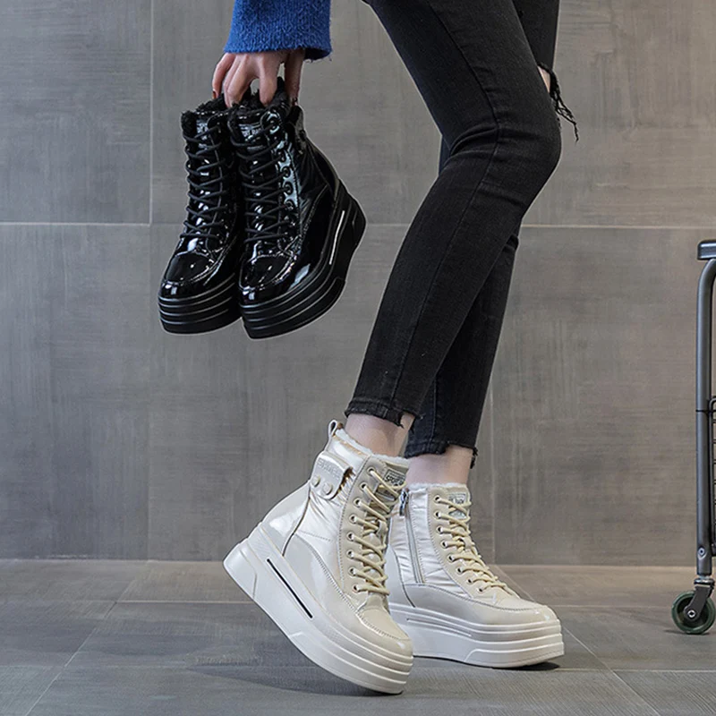 2025 Winter Echtleder-Schuhe Damen Schneestiefel Wasserdichte Warme Baumwollschuhe Damen Knöchelstiefel Höhenerhöhung 9cm D653