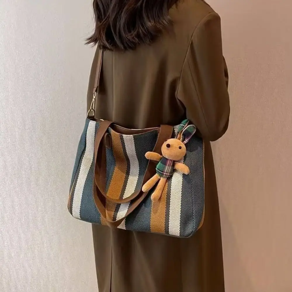 New Cloth Striped Tote Bag Adjustable Large Capacity Shoulder Bag with Rabbit Pendant Detachable Strap Shopper Bag Office view 3