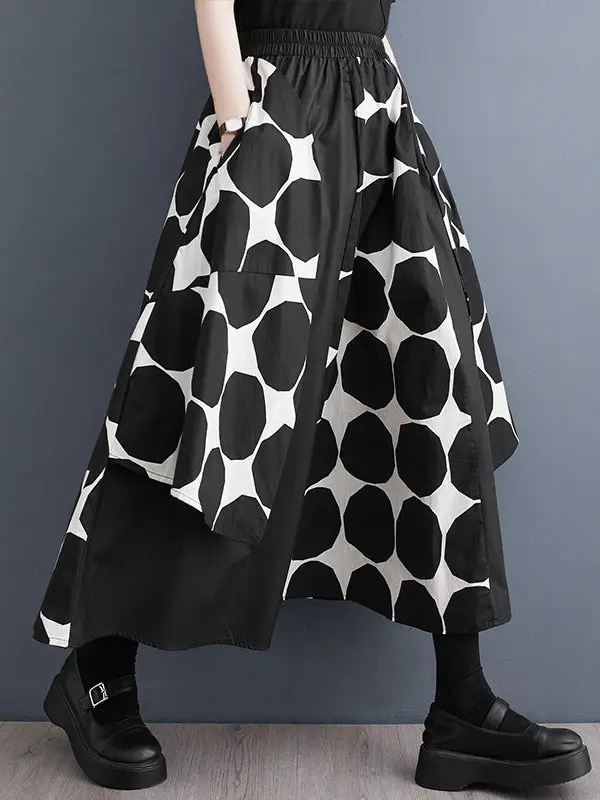 

k Polka Dot f Skirt 2025 Spring Commute Sle High Waist A-Line Midi Skirt Personali Splicing Loose Fit Women's Skirt