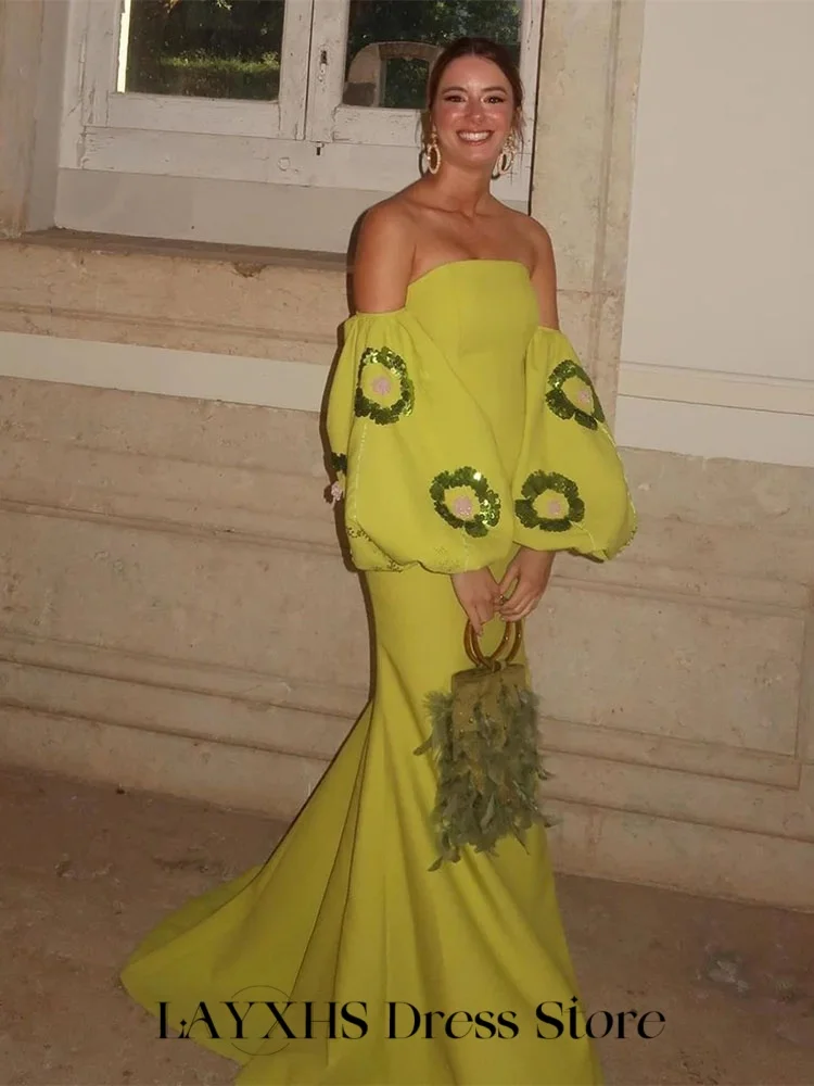 

LAYXHS Yellow Evening Dresses Off the shoulder Puff Sleeve Appliques Mermaid Party Prom Dresses Customized فستان سهرة نسائي
