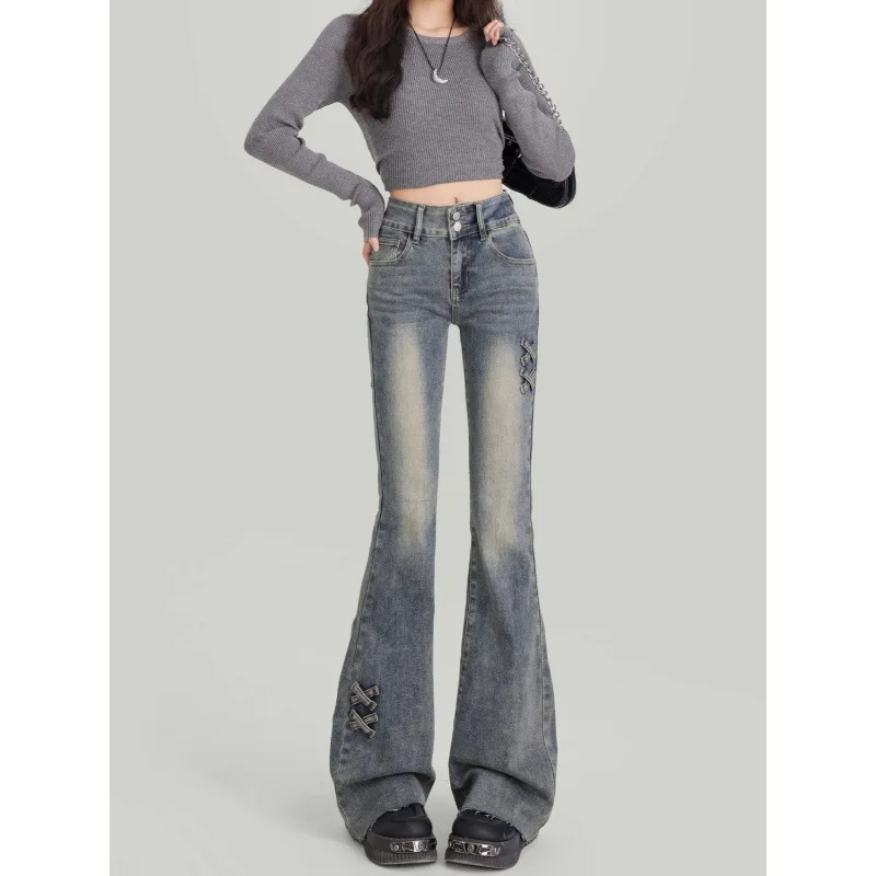 Retro Micro Flared Jeans for Women's Spring and Autumn 2025 High Waisted New Slim Fit Butterfly Tie Elastic Floor Pants