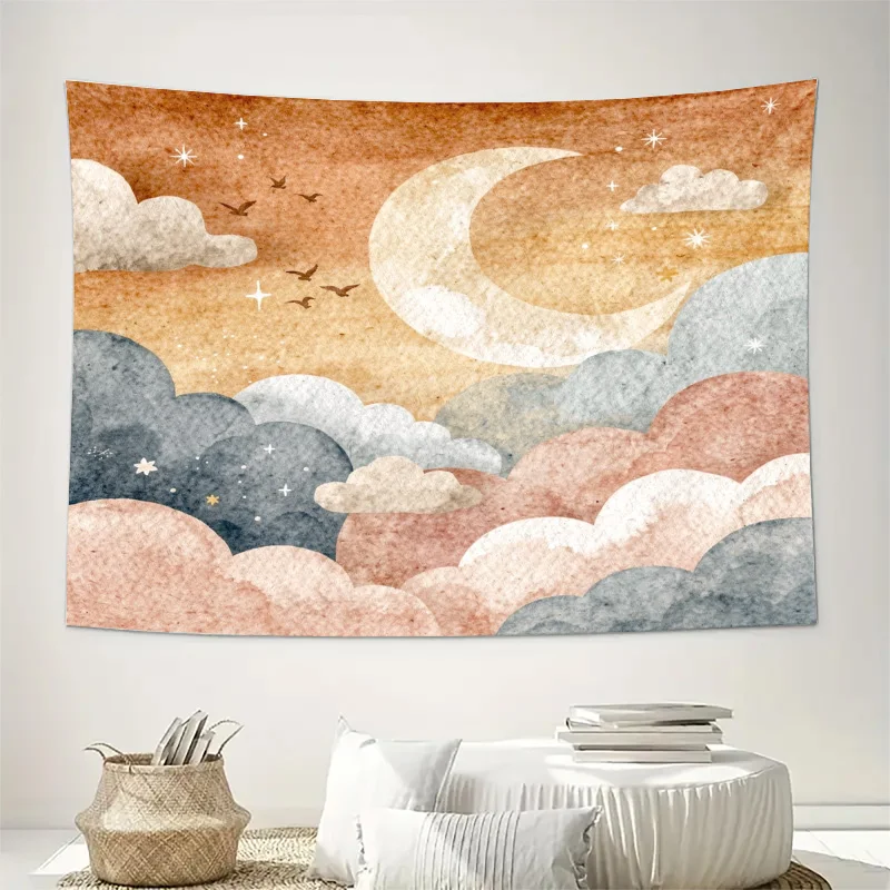 Cosmic Moon Stars Sunset Cloud Tapestry Bohemian Wall Hanging Fabric Art Decor for Bedroom Living Room Celestial Abstract Canvas