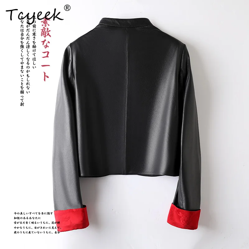 Tcyeek Strato superiore di pelle di pecora Primavera Autunno Nuovo stile cinese Colletto rialzato Giacca di pelle da donna nera Ж Dön yisжаха Куртка