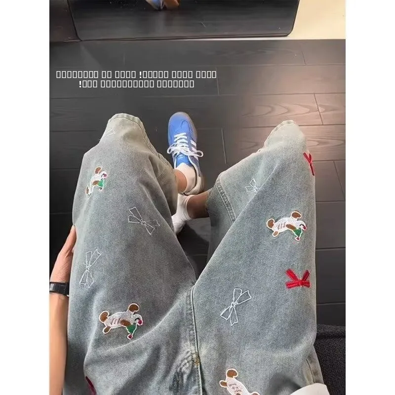 

Street Style Embroidered Loose Wide Leg Jeans Men's Casual Shorts mid High Waist Youth Popular Summer Straight Tube Jeans