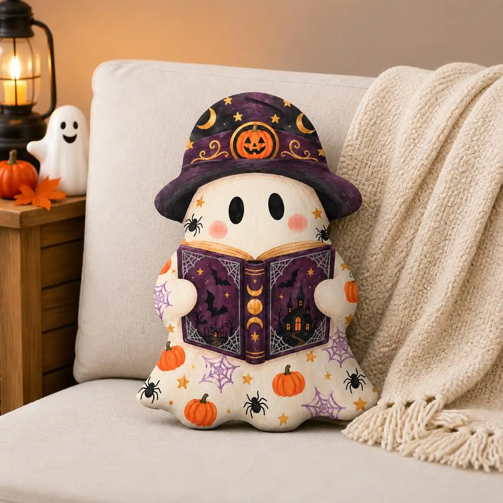 Cute Halloween Ghost Witch Book Lover Plush Pillow Spooky Reader Cushion Irregular Stuffed Throw Pillow Home Decor Gift Sofa