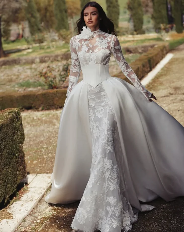 

Princess Mermaid Wedding Dresses with Detachable Train 3D Floral Applique Long Sleeve Corset Garden Bridal Gown Garment