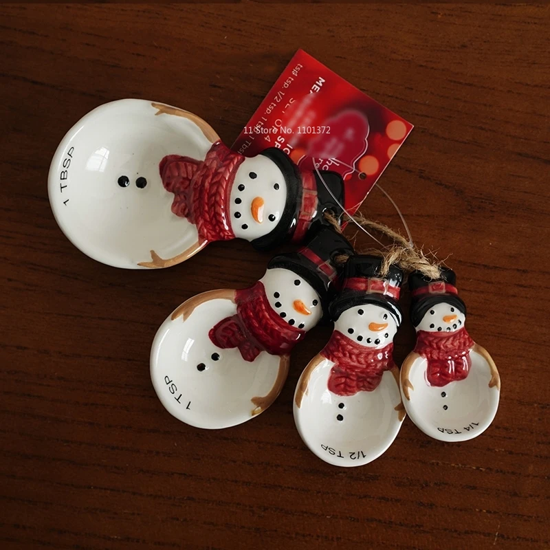 

Hand Drawn Gingerbread Man Snowman Shaped Ceramic Measuring Spoon Cute and Adorable Healthy Underglaze Color Process