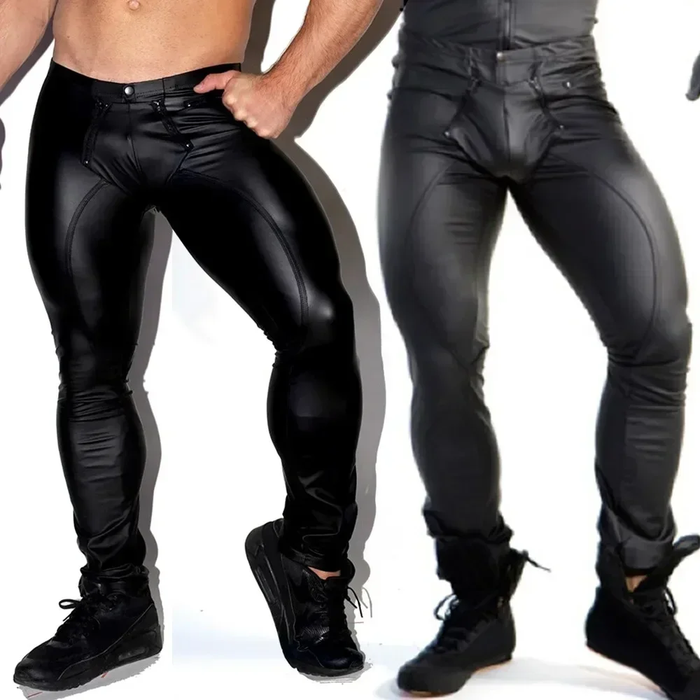 Men\'s PU Leather Leggings Wet Look Slimming Open Pouch Pant Tight Trousers High Waist Man Pants Streetwear