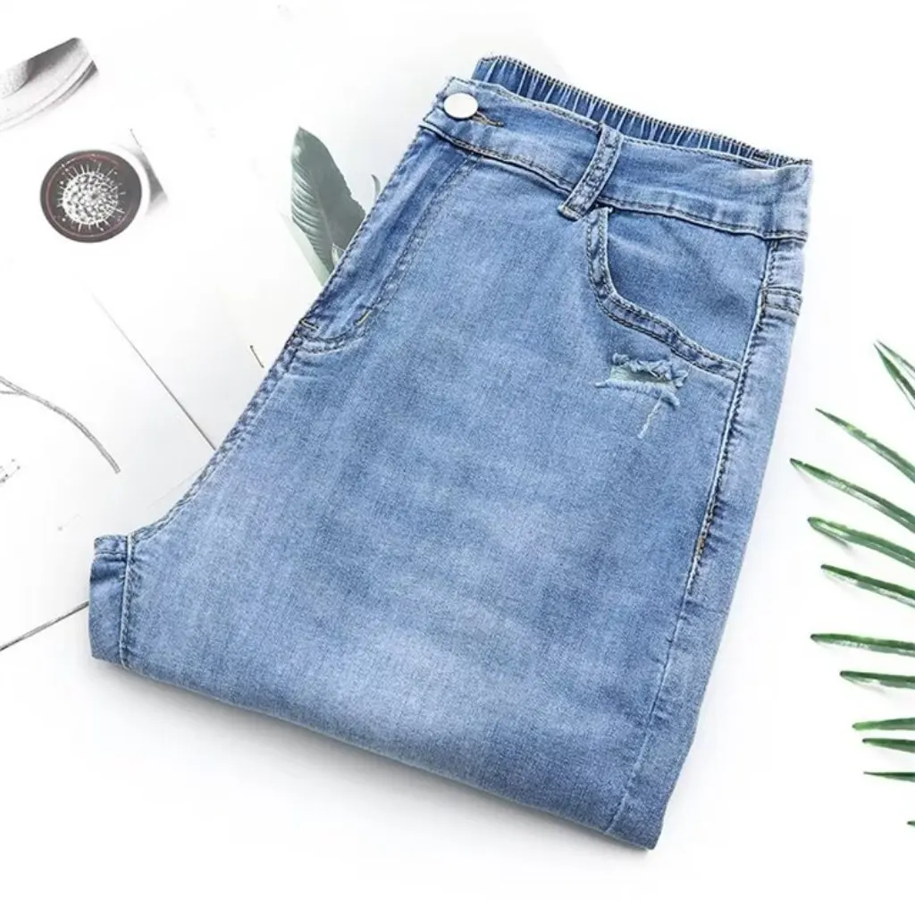 Novedad de verano, pantalones vaqueros elásticos de cintura alta de talla grande, pantalones Harlan ajustados informales 200 Jin Fat MM2024 Hole Harlan