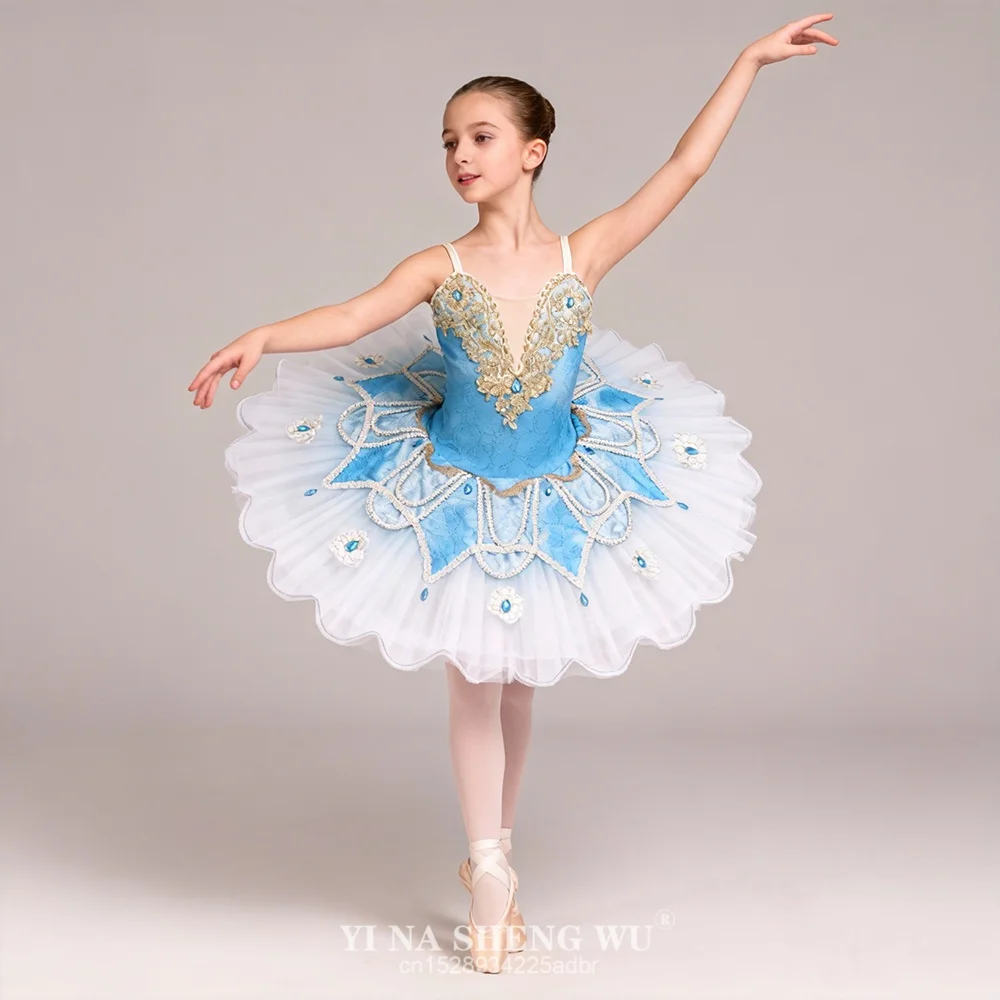 Hellblaues Ballett-Wettbewerbskostüm mit Farbverlauf, individuelles blaues Vogel-Variations-Tutu-Kleid für Damen