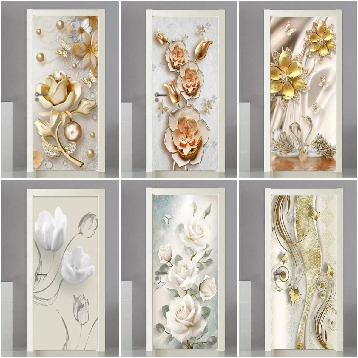 

European Style Jewelry Flowers Door Sticker Living Room Bedroom Home Decor Wallpaper PVC Waterproof Wall Stickers Self-adhesive