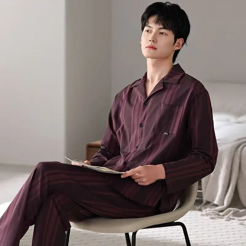 Повседневные носимые мужские пижамы, весенне-осенние длинные брюки с длинными рукавами, кардиган с лацканами, домашняя одежда, клетчатый комплект большого размера
