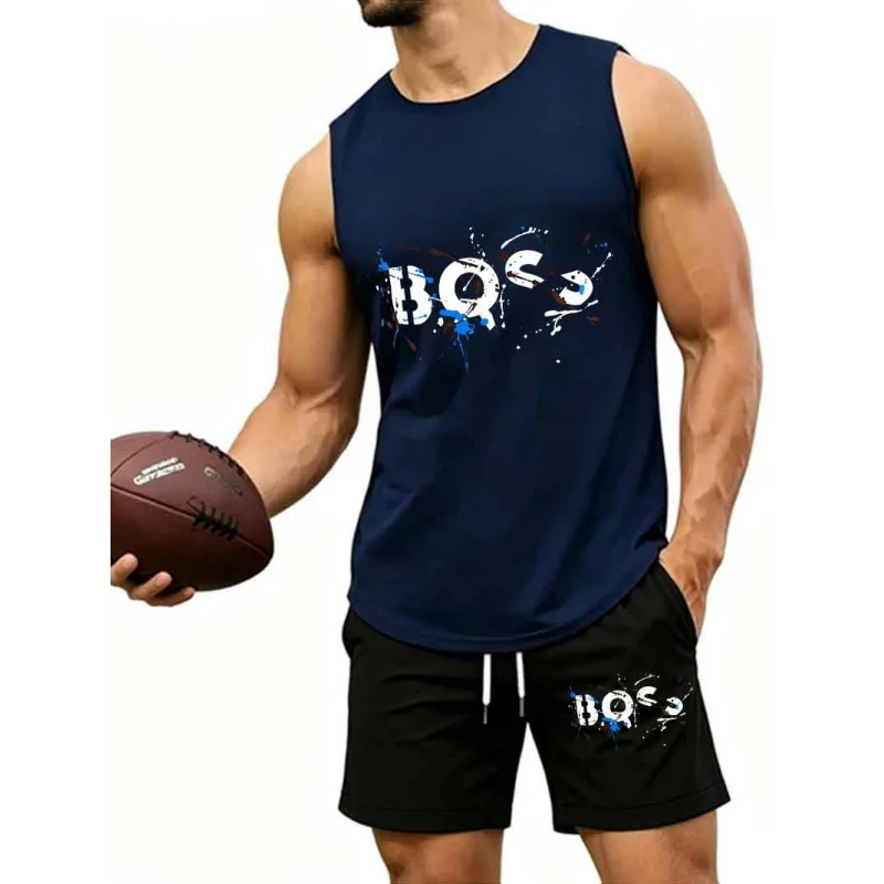 Men's  Graffiti Letter Print 2-Piece Tracksuit, Sleeveless Muscle Tank Top with Drawstring Shorts, Casual Urban Sportswear view 3