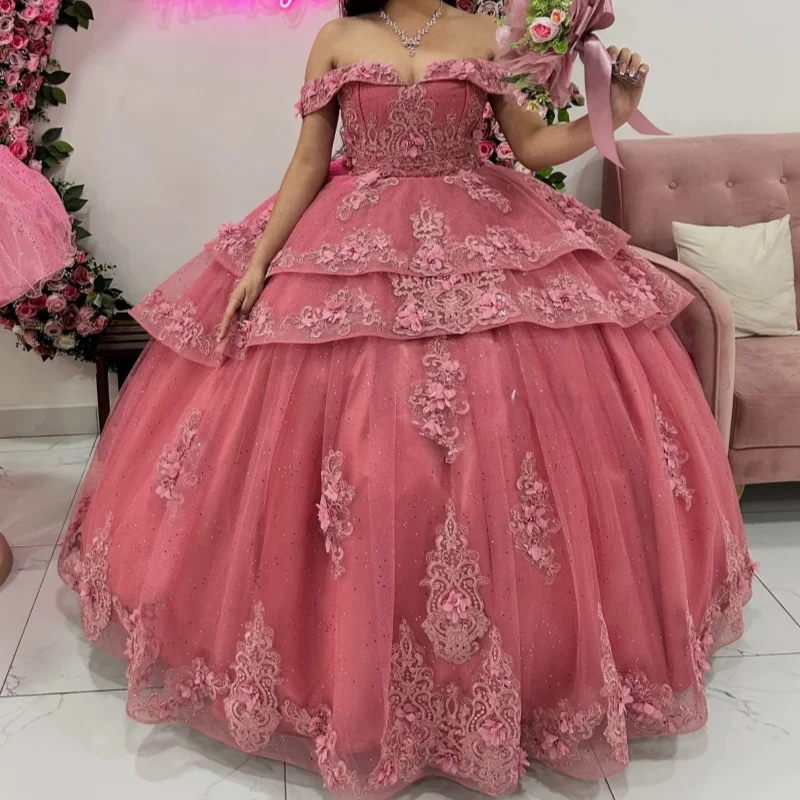 

Shiny Pink Quinceanera Dresses Off the Shoulder Decal Layering 3D Flower Long tail Bow Vestido De 15 Quinceanera Customize