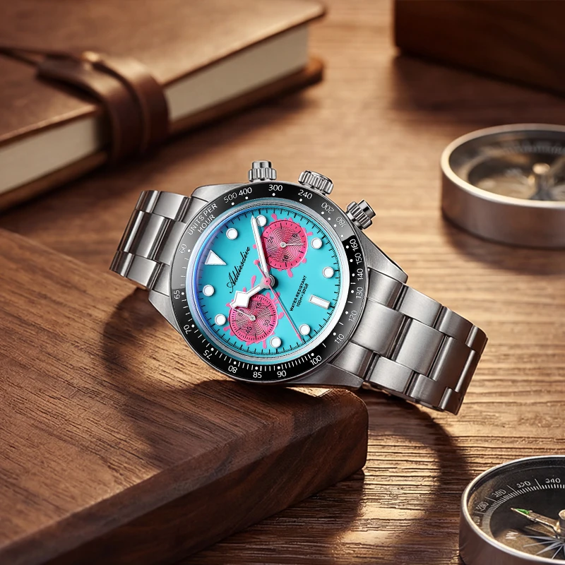 

Мужские часы ADDIESDIVE New VK64, роскошные кварцевые наручные часы с хронографом, керамический безель, светящееся куполообразное стекло, водонепроницаемость 100 м, AD2520