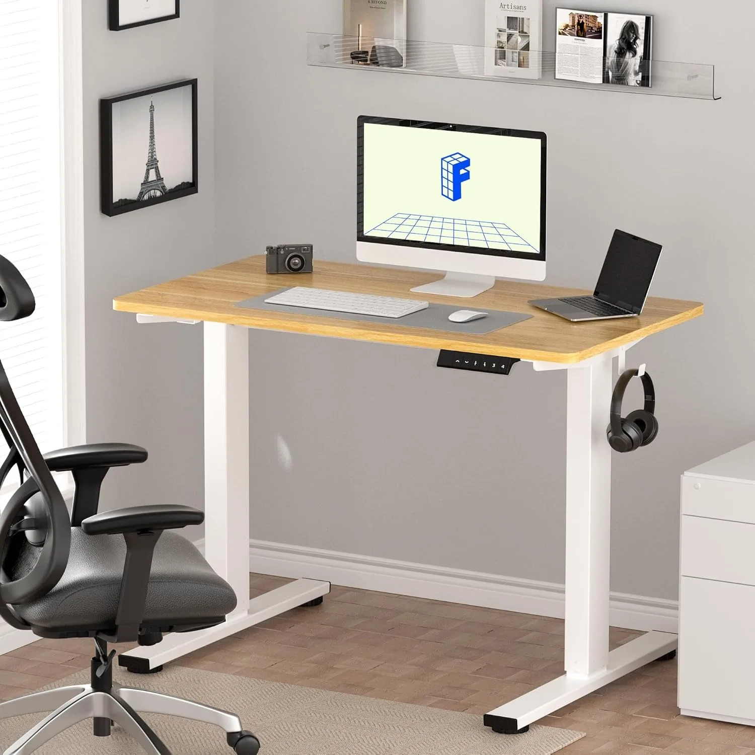 Integrated vertical office desk 48 x 30 inches electric height adjustable desk (white frame+maple tabletop, 2-piece set)