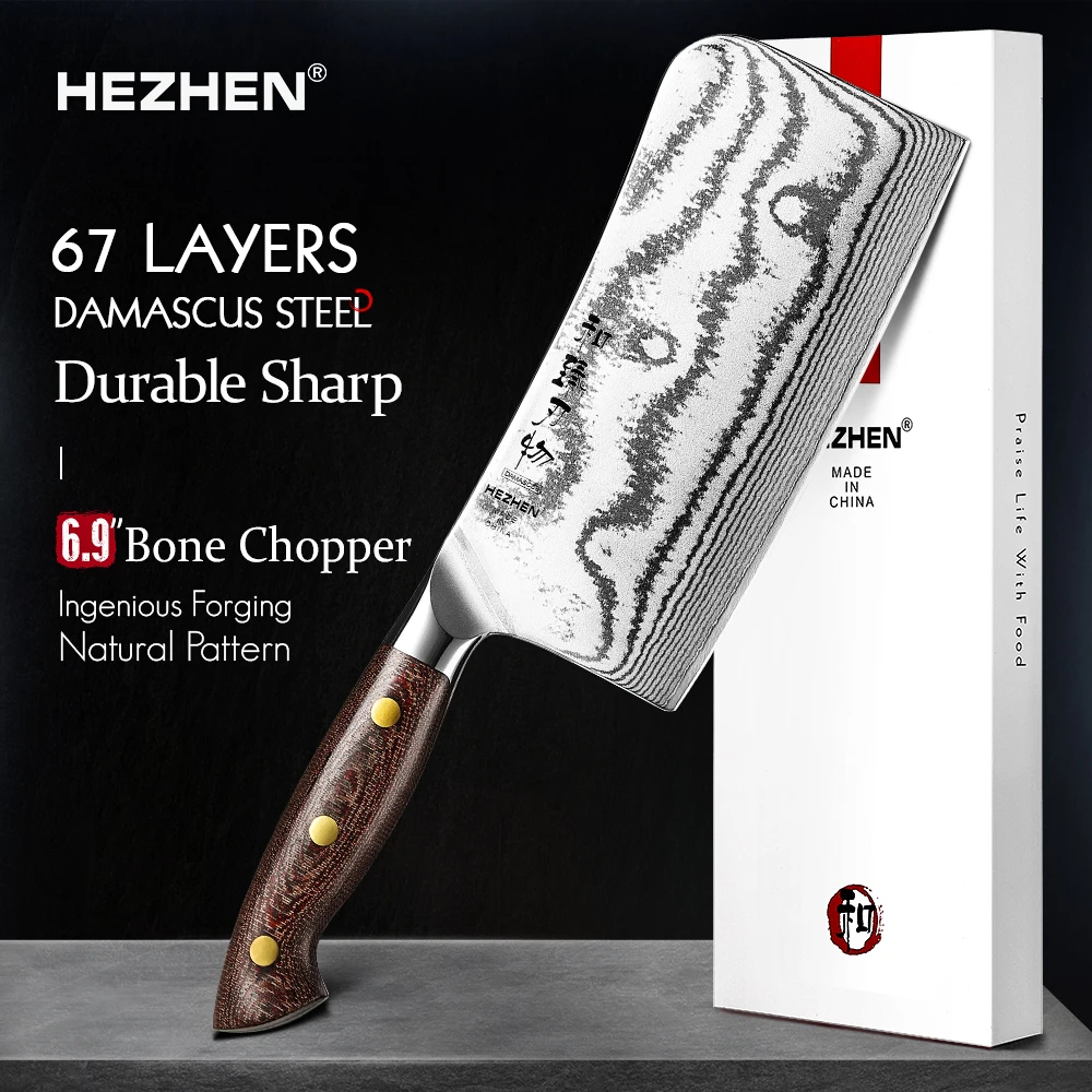 HEZHEN 6.9 Inches Chopping Knife 67 Layers Damascus Steel Micarta Handle Kitchen Bone Chopper Knives Beautiful Gift Box