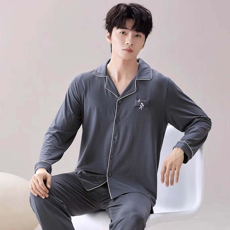 Winter Pajamas Set Men Button-Down Warm Pijamas Hombre Cotton Sleepwear Homeclothes PJ Blue Pyjama 2024 New