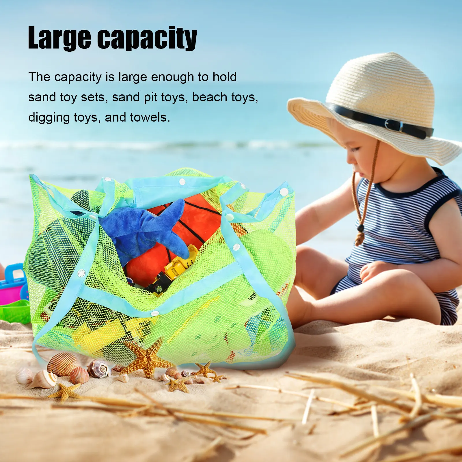 Large Mesh Beach Bag Oxford Cloth Tear Resistant Lightweight Storage Organizer for Family Travel Swimming Camping Shells Beach