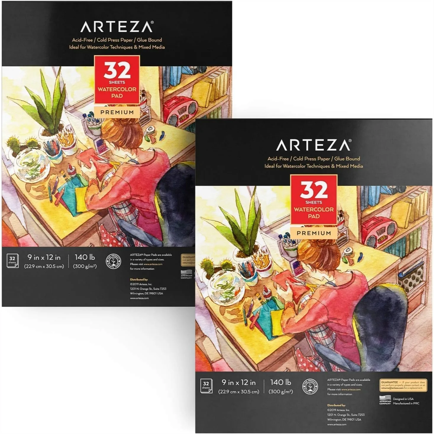 

Watercolor Paper Pads, Pack of 2, 9x12 Inches, 140 lb Cold Press, 32 Sheets Each for Watercolor, Gouache & Mixed Media