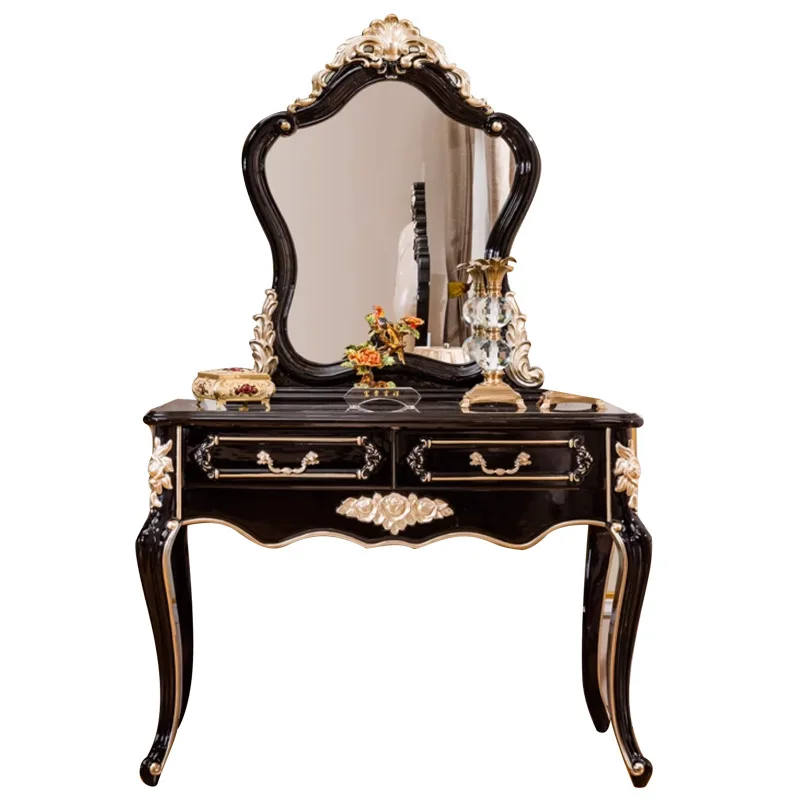 //European-style Dressing Table Solid Wood French Makeup Desk Dressing Mirror New Classical Ebony Purple.