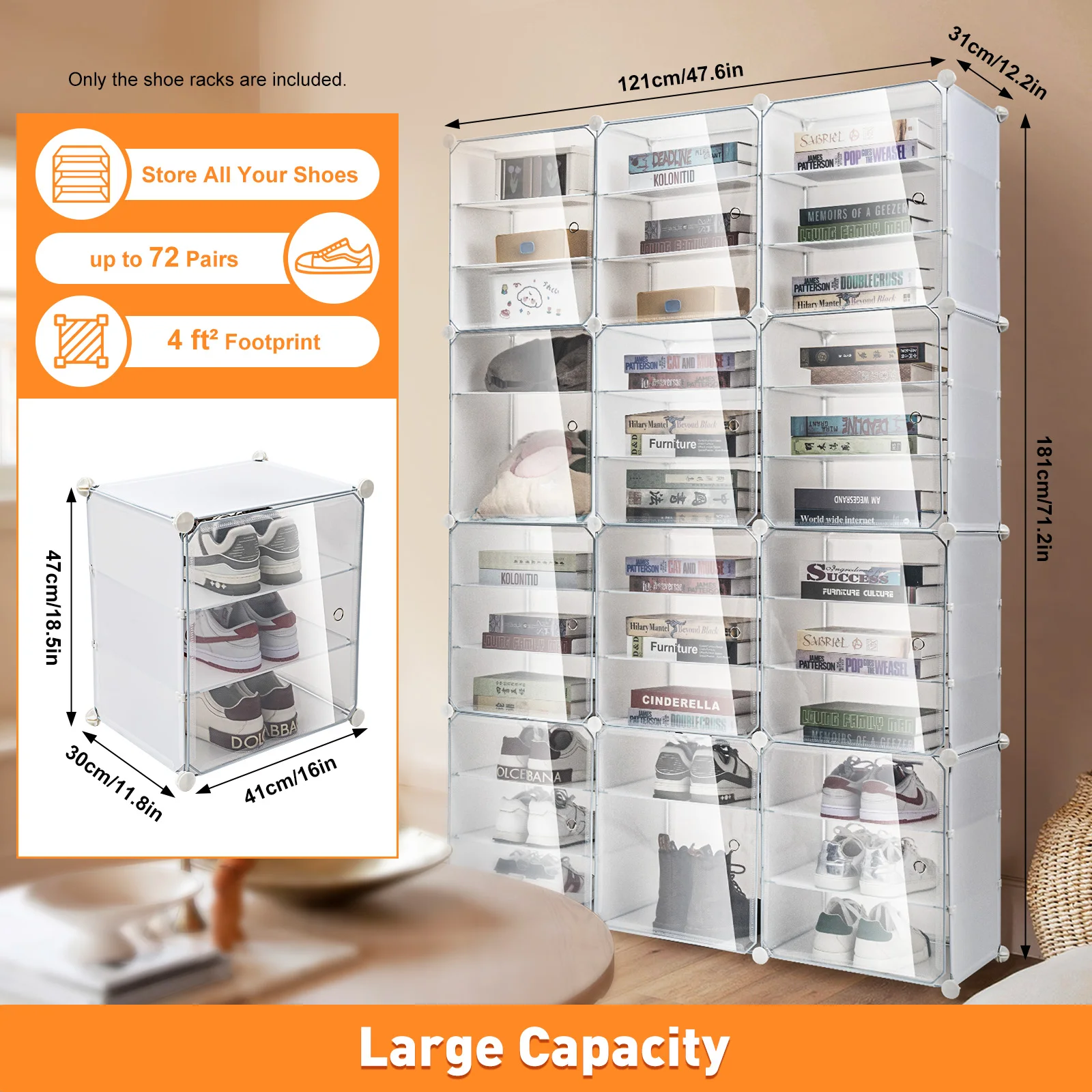 12Pcs 3 Tier Clear Plastic Shoe Storage Box Stackable Foldable Shoe Organizer Shoes Transparent Cabinet Sneaker Display Case