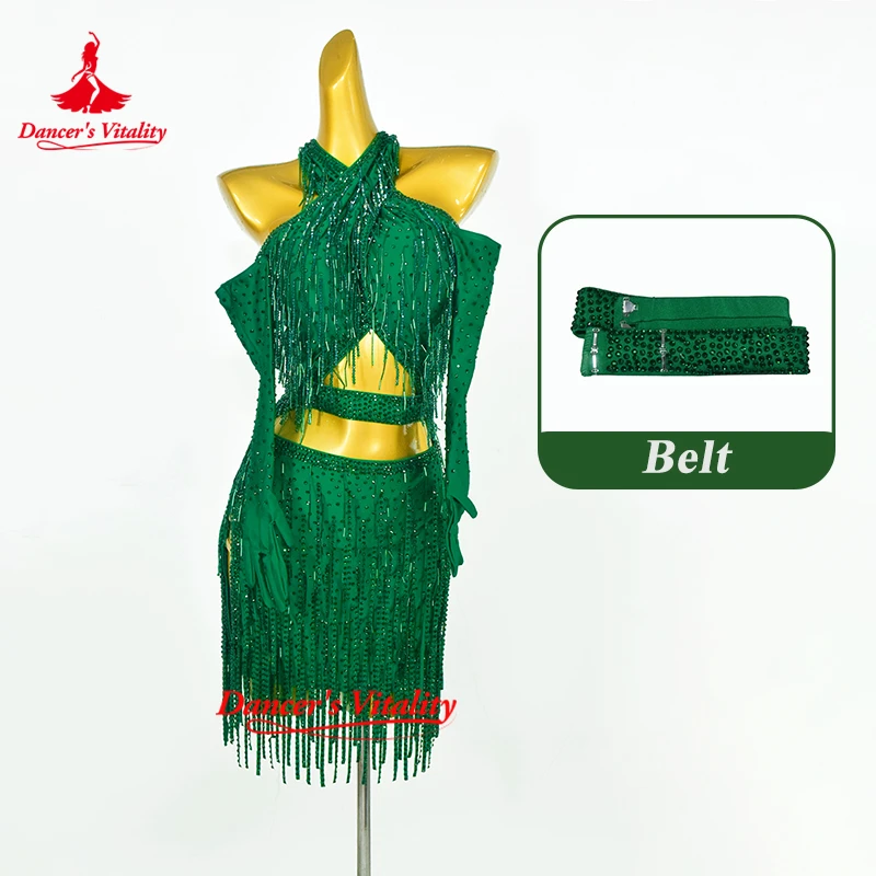 

Dancer's Vitality Latin Dance Expose Waist Style Tassels Dress High-end Customize Adult Women Chacha Samba Sleeveless Clothing