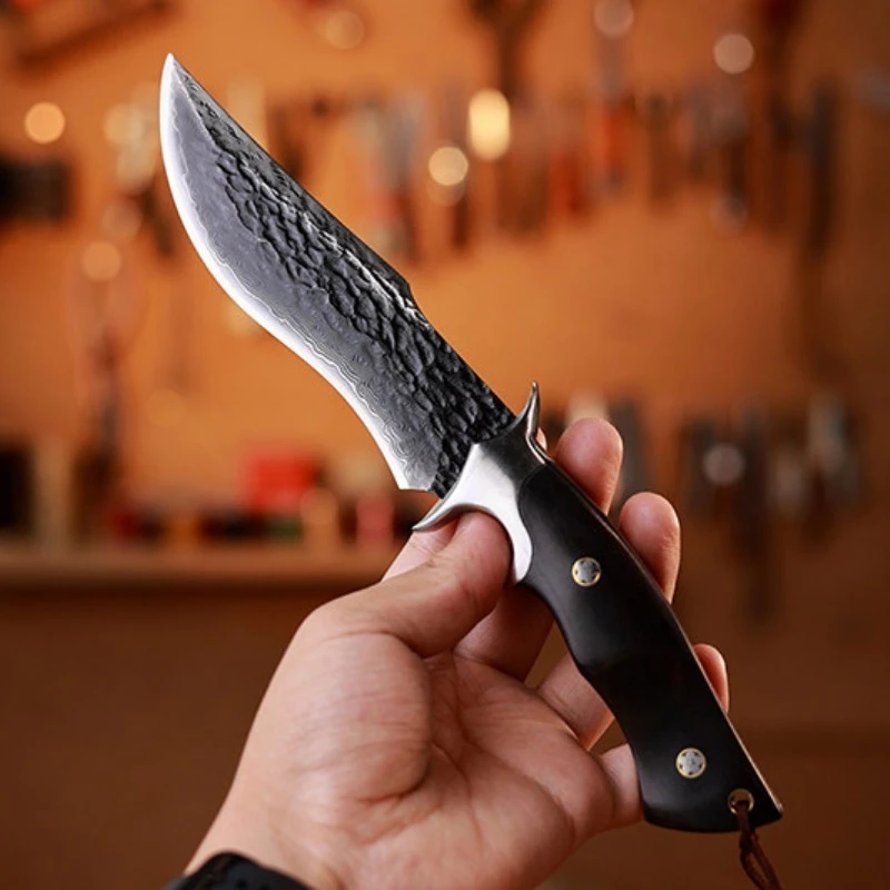 VG10 Damascus Blade Ebony Handle Tactics Knife High Hardness Hunting Knife EDC Survival Tools Camping Knives with Gift Box