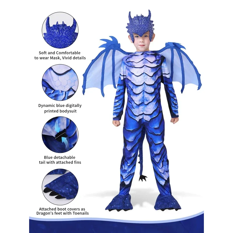 بذلة Boy The Frost Blue Dragon Knight للأطفال لحفلات الهالوين كرنفال مع قناع ذيل الجناح