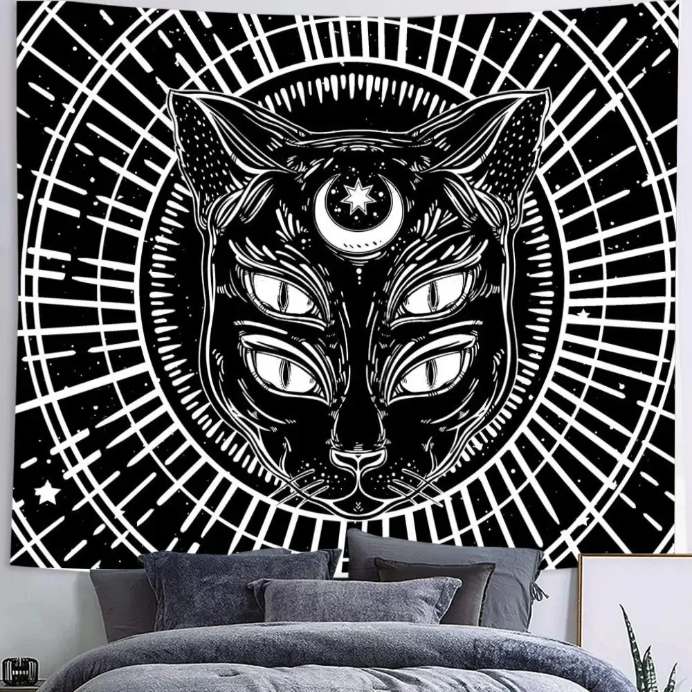 Black Cat Psychedelic Tapestry Wall Hanging Bohemian Witchcraft Tapiz Dormitory Mattress Dormitory Bedroom Tarot Home Decor