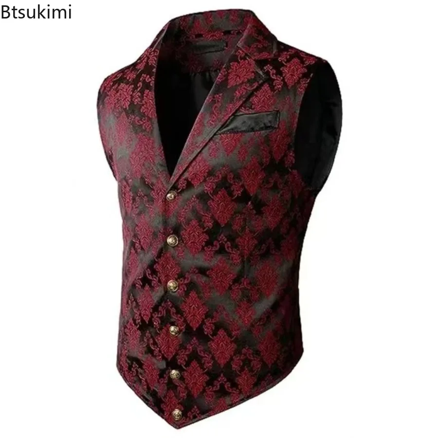 2026 Men's Court Style Tank Tops Fashion Single Breasted Suit Vests Turndown Retro Collar Slim Fit Casual Vintage Waistcoat Male
