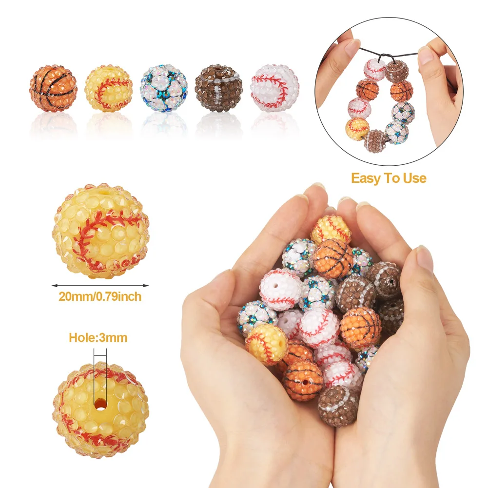 30Pcs Basketball & Football & Baseball Pattern Resin Rhinestone Beads Round Mixed Color for Making DIY Bracelet Neckalce Jewelry