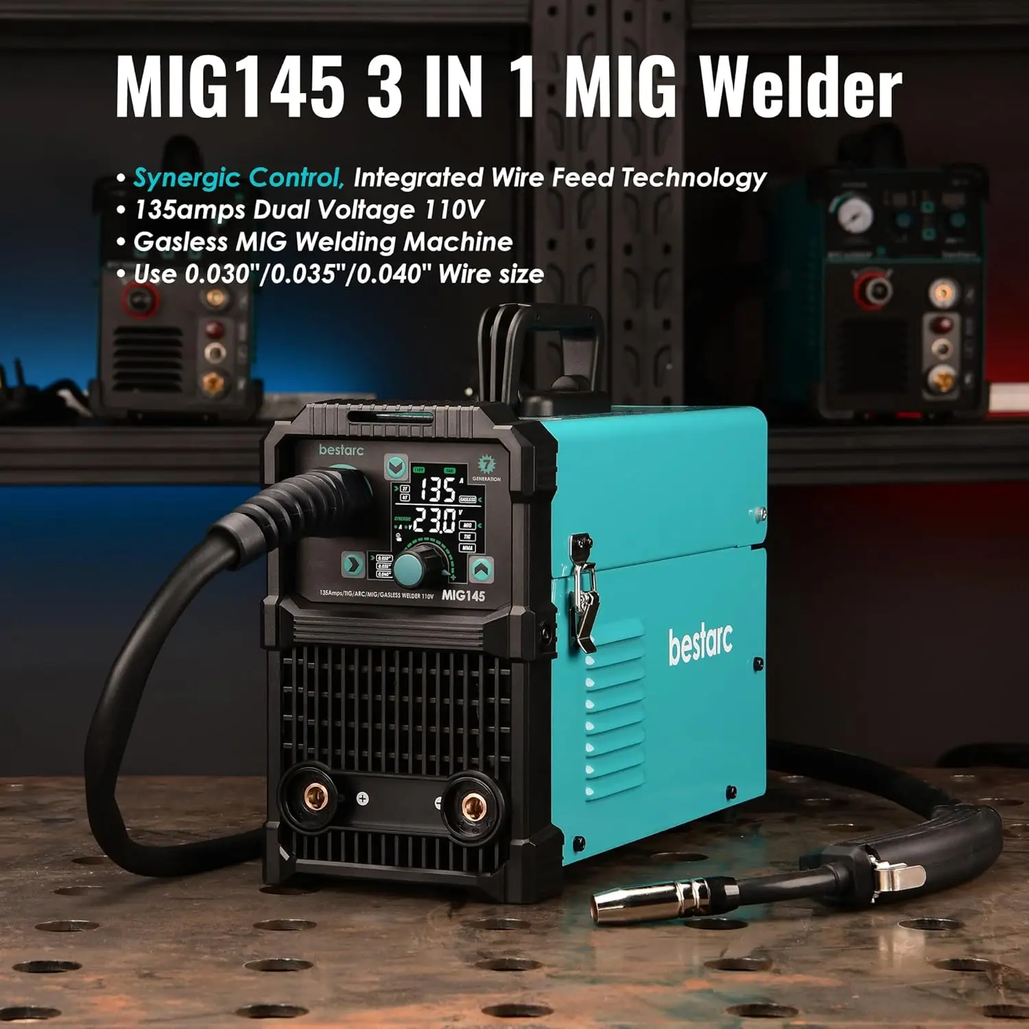 MIG Welder 110V Flux Core MIG Welder/Lift TIG/Stick 3 in 1 MIG Welding Machine MIG145 7GEN Synergy Single Phase Flux IGBT