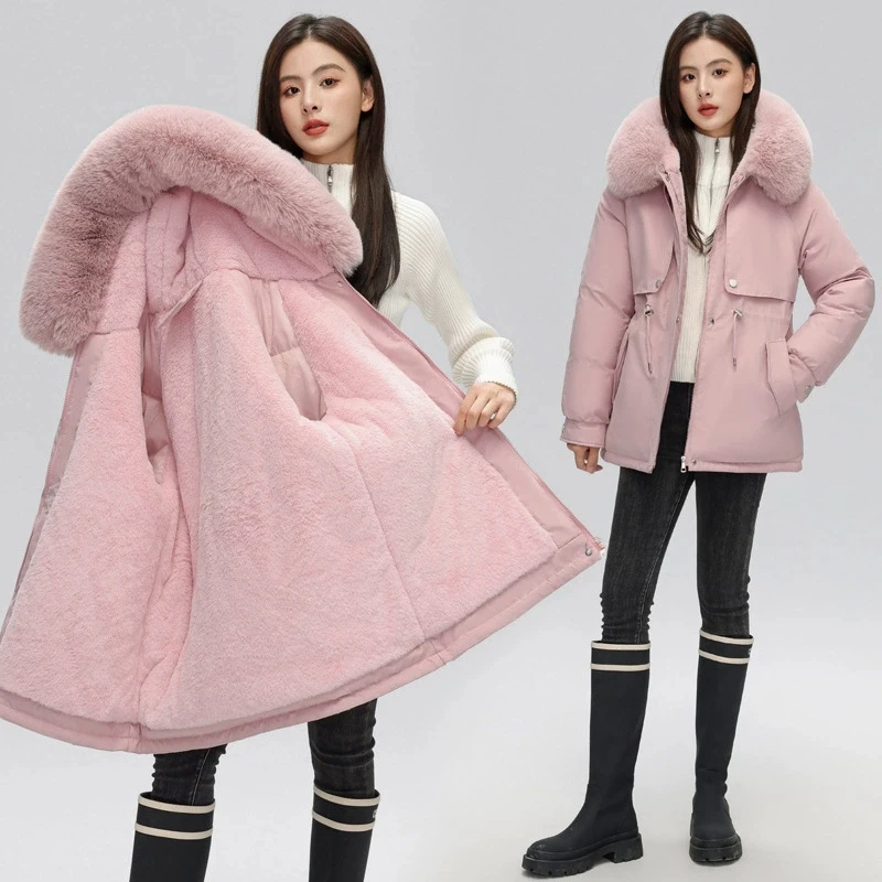 Casaco de inverno 2025 nova jaqueta de algodão grosso feminino médio longo versão coreana gola de pele casaco feminino quente parka