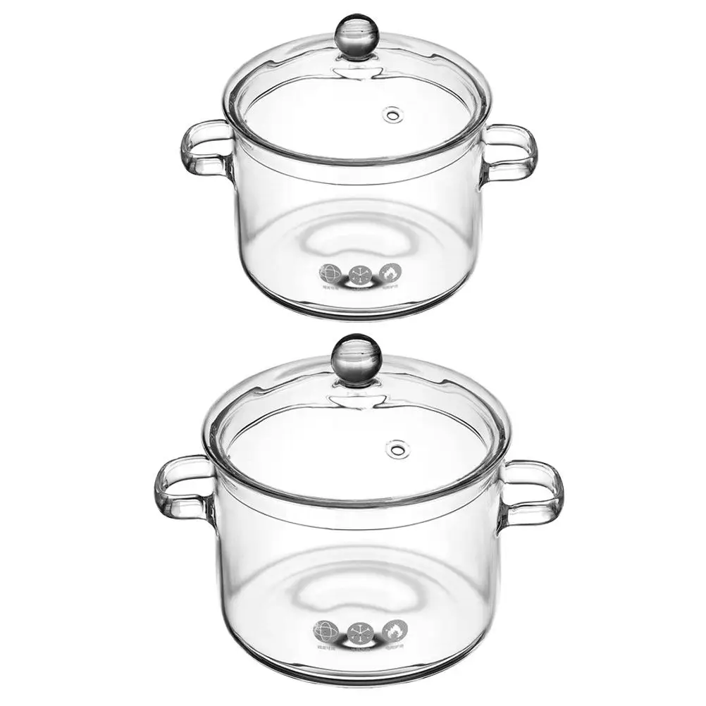 

2Pcs Double Ear Glass Stew Pot Transparent Lid Heat Resistant for Electric Ceramic Stove Microwave Soup Noodle Cooking Kitchen