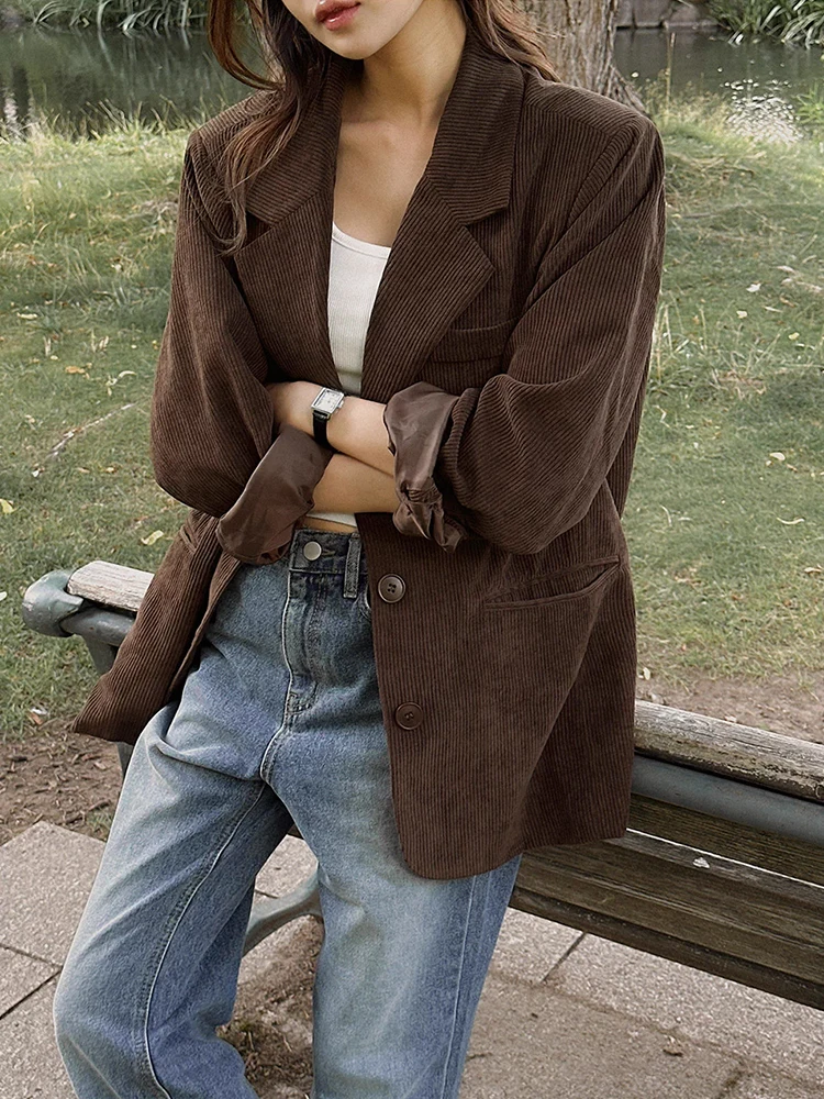 

Retro Sle Women's Long Sve Velvet Jaet Loose Fit Single Button Notch Lapel Coat Chic Autumn New Arrival