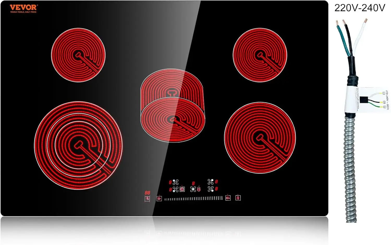 Built in Electric Stove Top, 30 inch 5 Burners, 240V Glass Radiant Cooktop with Sensor Touch Control, Timer & Child Lock Include