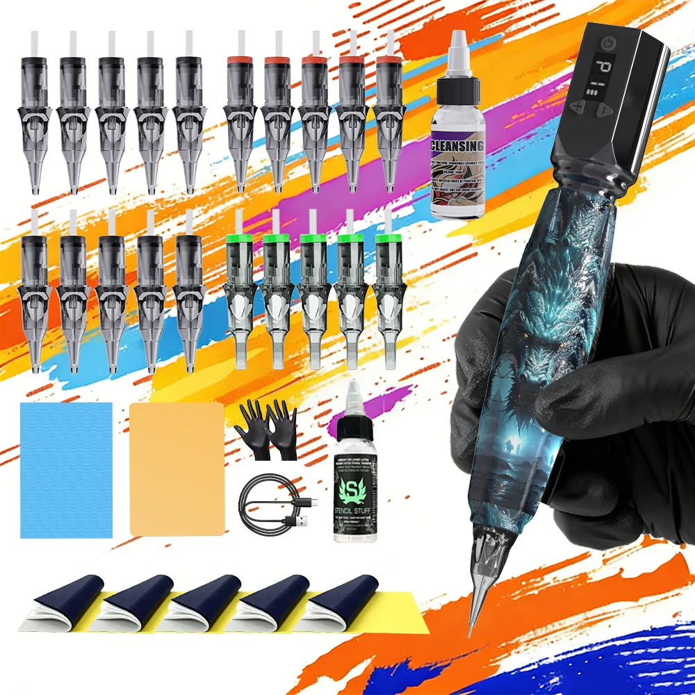Werewolf Pattern Cordless Rotary Tattoo Pen Kit Digital Display Complete Tattoo Starter Set