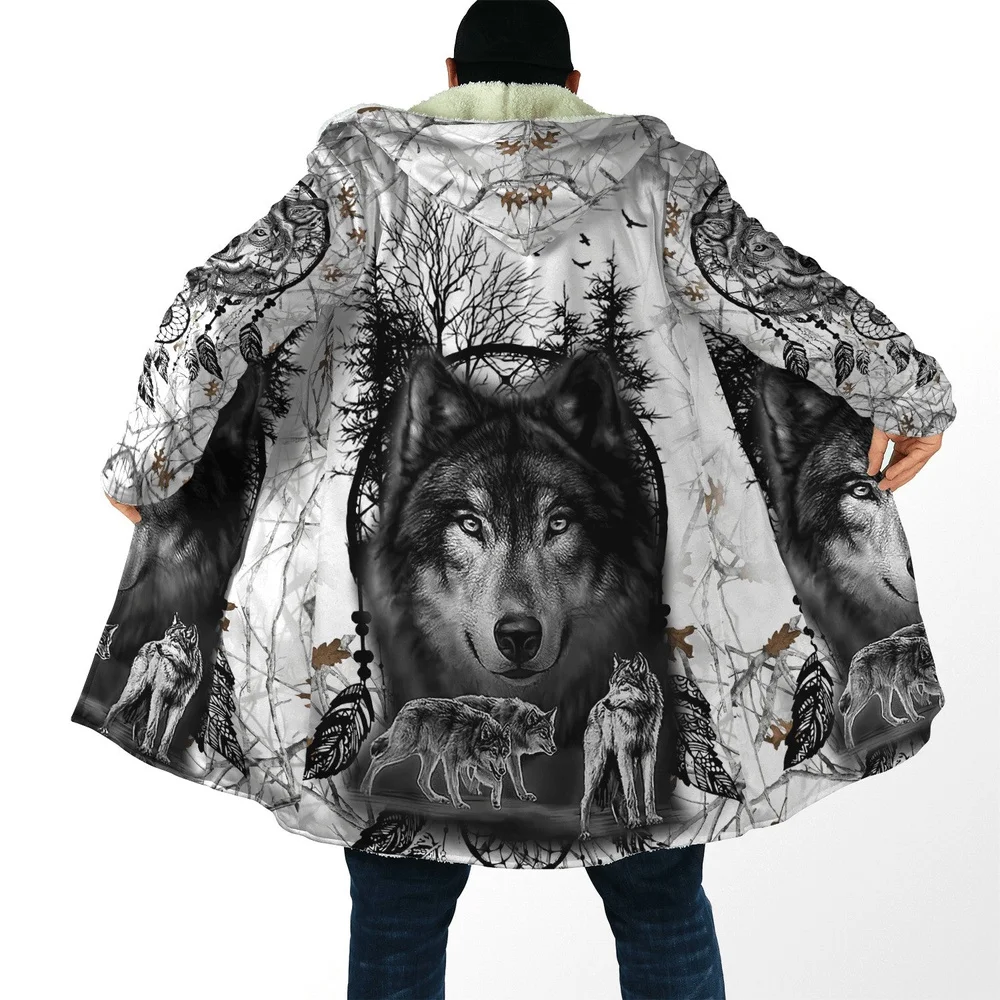 Men's Winter Fashion Hooded Cloak Native Retro Art Tribal Wolf 3D Printed Plush Thick Long-sleeved Fleece Jacket Coat AZ-04