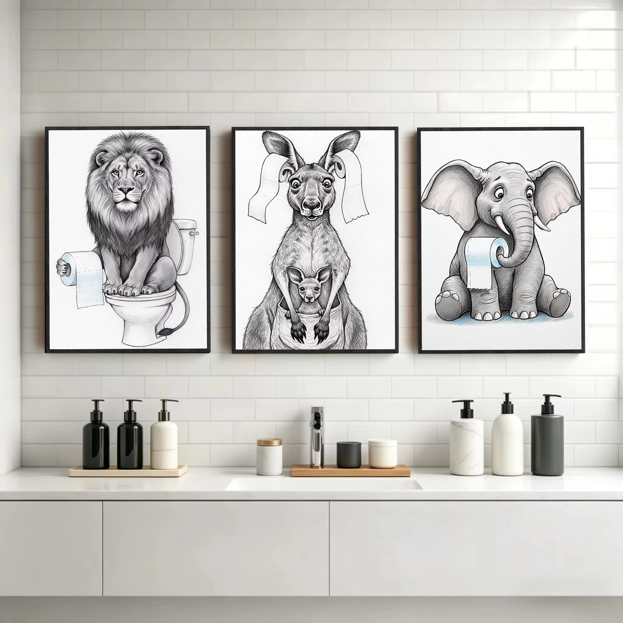 Humorous Black White Animal Bathroom Poster Kangaroo, Lion, Elephant, Panda, Zebra, Giraffe Canvas Art for Home Bathroom Decor