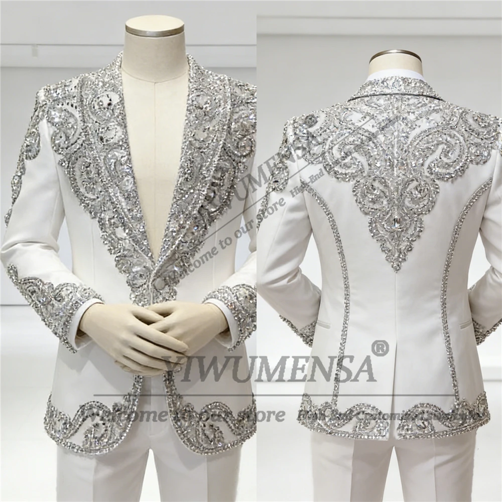 

Luxury Beaded Crystals Suits Men Single Breasted Prom Blazer Customized 2-Piece Formal Party Groom Wedding Tuxedos Ropa Hombre